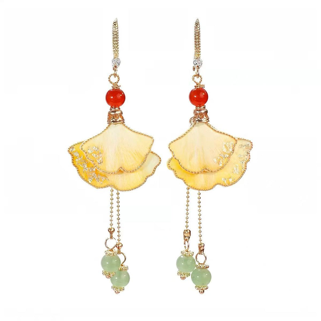 Handmade Ronghua Ginkgo Leaf Earrings | Chinese Silk Thread Heritage Jewelry