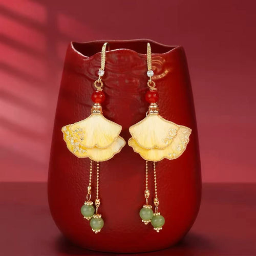 Handmade Ronghua Ginkgo Leaf Earrings | Chinese Silk Thread Heritage Jewelry